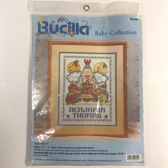 BUCILLA Tepee Bears Counted Cross Stitch Birth Record Kit 1997 - Picture 2 of 7